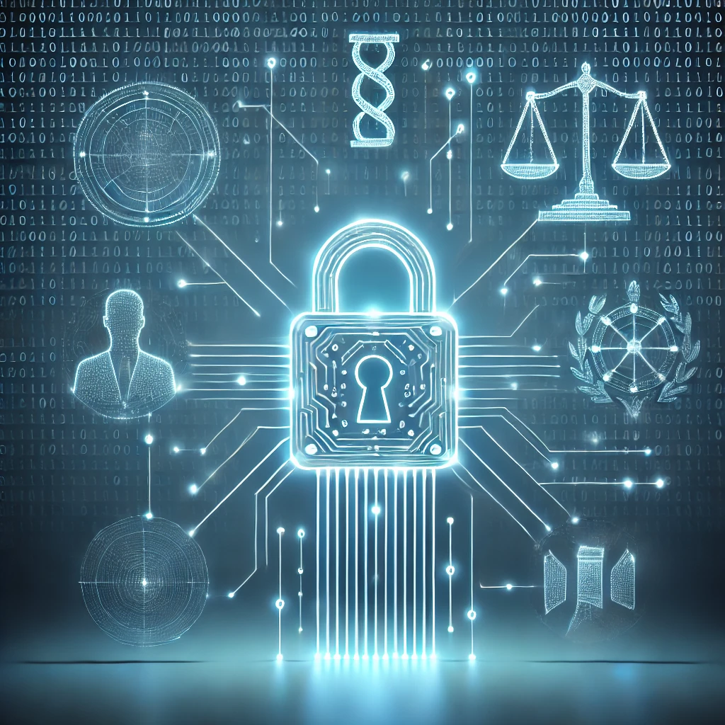 DALL·E-2024-09-16-15.11.18-A-minimalist-representation-of-cybersecurity-and-AI-regulations-with-a-blue-background.-The-image-features-a-central-glowing-digital-padlock-represen